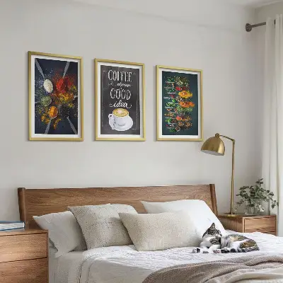 3 paveikslų rinkinys su rėmais prieskoniai, kava, žolelės ir raštai