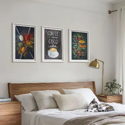 3 paveikslų rinkinys su rėmais prieskoniai, kava, žolelės ir raštai