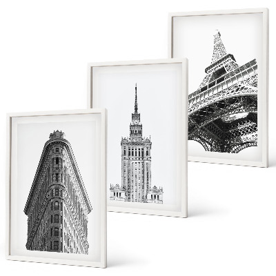3 paveikslų rinkinys su rėmais Architektūriniai juodai balti pastatai