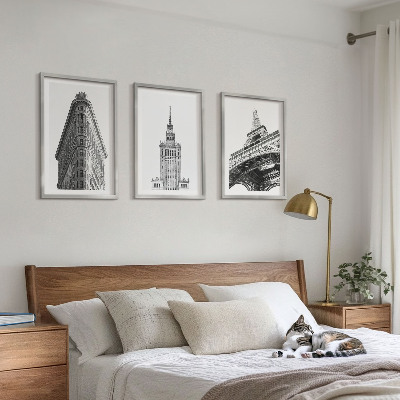 3 paveikslų rinkinys su rėmais Architektūriniai juodai balti pastatai