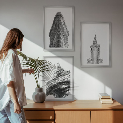 3 paveikslų rinkinys su rėmais Architektūriniai juodai balti pastatai