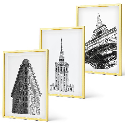 3 paveikslų rinkinys su rėmais Architektūriniai juodai balti pastatai