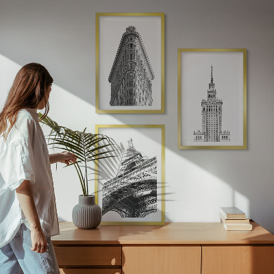 3 paveikslų rinkinys su rėmais Architektūriniai juodai balti pastatai