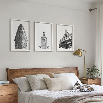3 paveikslų rinkinys su rėmais Architektūriniai juodai balti pastatai