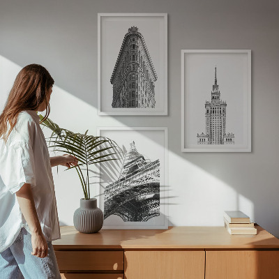 3 paveikslų rinkinys su rėmais Architektūriniai juodai balti pastatai