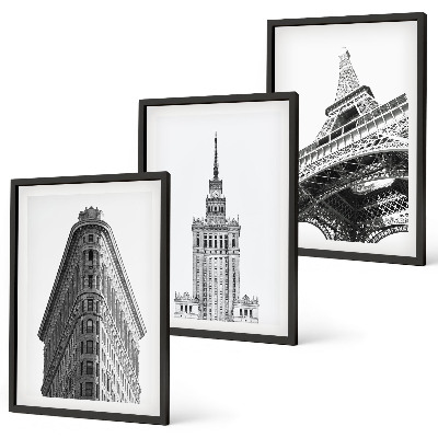 3 paveikslų rinkinys su rėmais Architektūriniai juodai balti pastatai