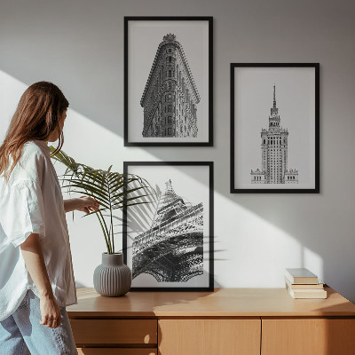 3 paveikslų rinkinys su rėmais Architektūriniai juodai balti pastatai