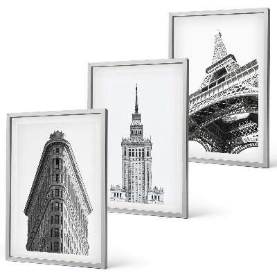 3 paveikslų rinkinys su rėmais Architektūriniai juodai balti pastatai
