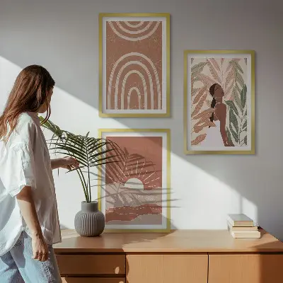 Boho abstrakčios formos įrėmintas triptikas