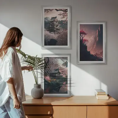 Japonijos kalnų fantazijų peizažų triptikas įrėmintas