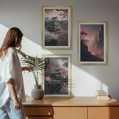 Japonijos kalnų fantazijų peizažų triptikas įrėmintas