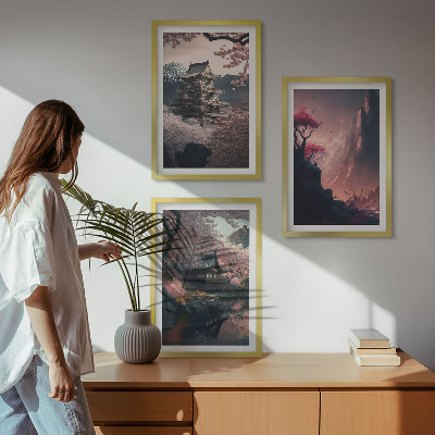 Įrėmintas triptikas Japonijos kalnų fantazijos peizažai