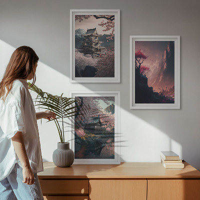 Įrėmintas triptikas Japonijos kalnų fantazijos peizažai