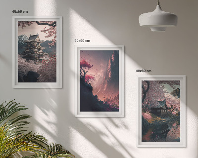 Įrėmintas triptikas Japonijos kalnų fantazijos peizažai