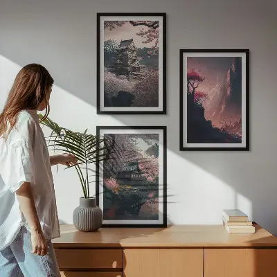 Japonijos kalnų fantazijų peizažų triptikas įrėmintas