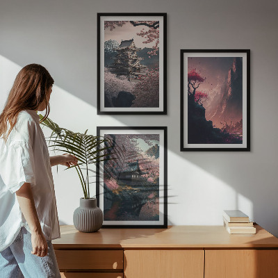 Įrėmintas triptikas Japonijos kalnų fantazijos peizažai