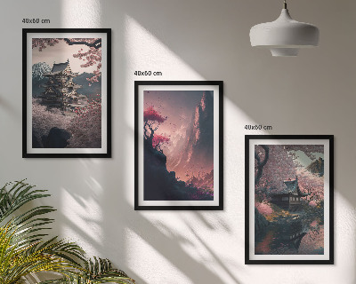 Įrėmintas triptikas Japonijos kalnų fantazijos peizažai