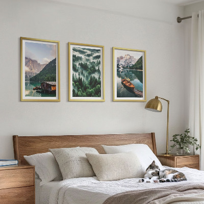 3 paveikslų rinkinys su rėmais Kalnų ežero valtis miško rūkas