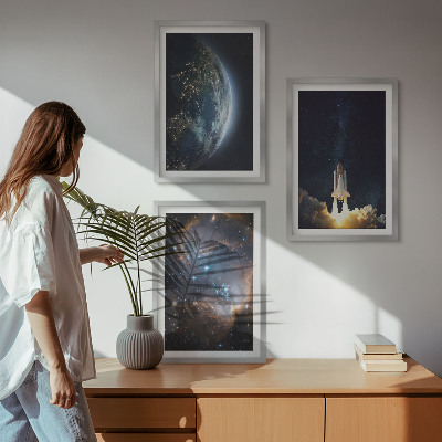 3 paveikslų rinkinys su rėmais Kosmoso Žemės raketinė galaktika