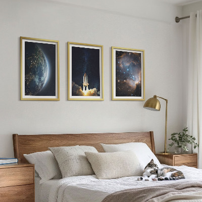 3 paveikslų rinkinys su rėmais Kosmoso Žemės raketinė galaktika