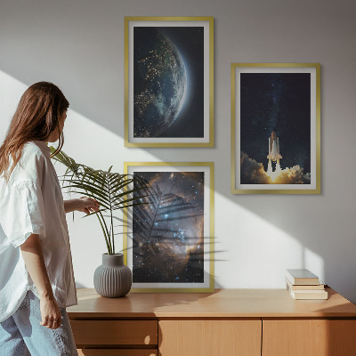 3 paveikslų rinkinys su rėmais Kosmoso Žemės raketinė galaktika