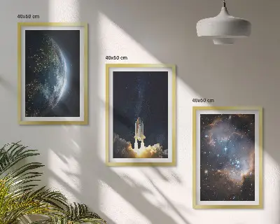 3 paveikslų rinkinys su rėmais kosmoso, Žemės ir galaktikos raketos motyvais