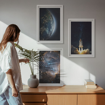 3 paveikslų rinkinys su rėmais Kosmoso Žemės raketinė galaktika