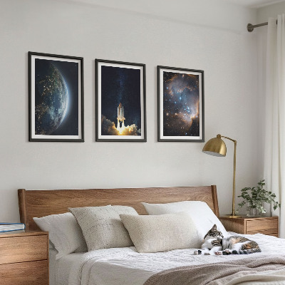 3 paveikslų rinkinys su rėmais Kosmoso Žemės raketinė galaktika