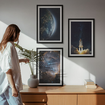 3 paveikslų rinkinys su rėmais Kosmoso Žemės raketinė galaktika