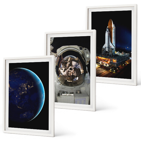 3 paveikslų rinkinys su rėmais Kosmoso Žemės astronautų raketa