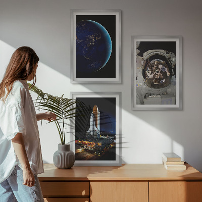 3 paveikslų rinkinys su rėmais Kosmoso Žemės astronautų raketa