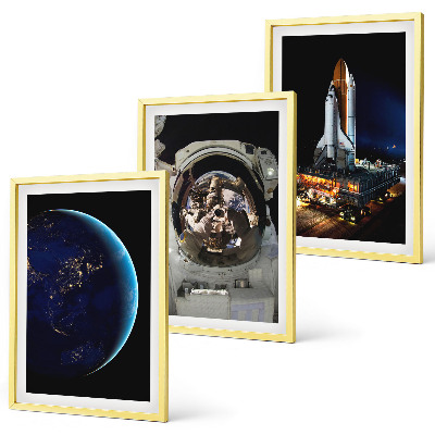 3 paveikslų rinkinys su rėmais Kosmoso Žemės astronautų raketa