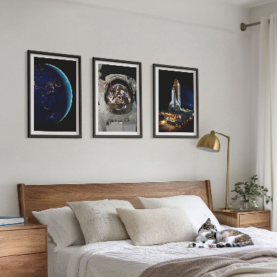3 paveikslų rinkinys su rėmais Kosmoso Žemės astronautų raketa