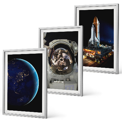 3 paveikslų rinkinys su rėmais Kosmoso Žemės astronautų raketa