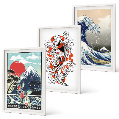 Įrėmintas triptikas Žuvų kalnai Didžioji banga Japonijoje