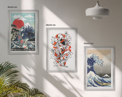 Įrėmintas triptikas Žuvų kalnai Didžioji banga Japonijoje