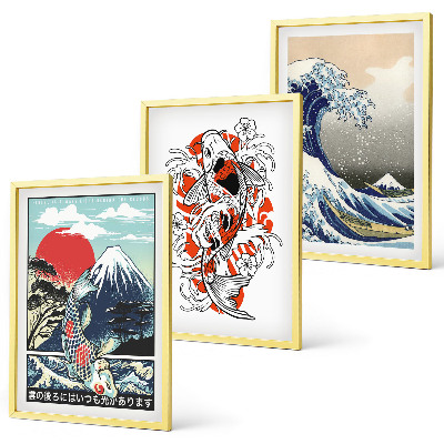 Įrėmintas triptikas Žuvų kalnai Didžioji banga Japonijoje
