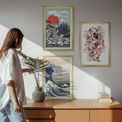 Įrėmintas triptikas Žuvų kalnai Didžioji banga Japonijoje