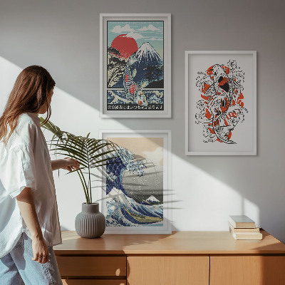 Įrėmintas triptikas Žuvų kalnai Didžioji banga Japonijoje