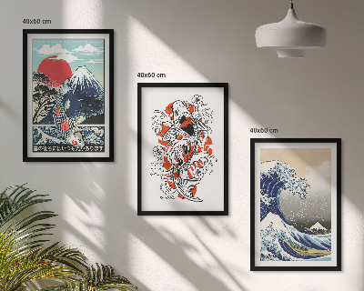 Įrėmintas triptikas Žuvų kalnai Didžioji banga Japonijoje