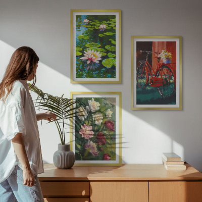 3 paveikslų rinkinys su rėmais Lelijos sode, spalvingos gėlės