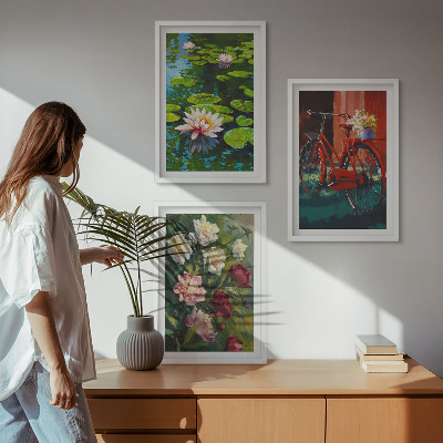 3 paveikslų rinkinys su rėmais Lelijos sode, spalvingos gėlės