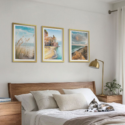 Įrėmintas triptikas Peizažai paplūdimys uolos miestas