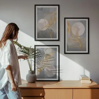 3 paveikslų rinkinys su rėmais abstrakčių raštų, bangų ir apskritimų motyvais