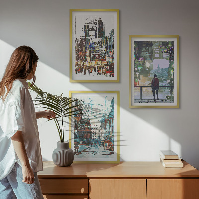 3 paveikslų rinkinys su rėmais Šiuolaikinių miestų spalvingi personažai
