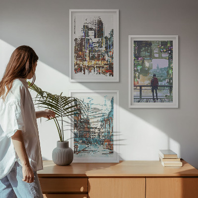 3 paveikslų rinkinys su rėmais Šiuolaikinių miestų spalvingi personažai