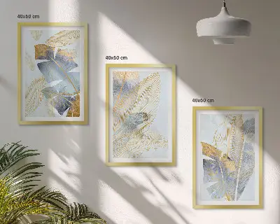 Įrėmintas triptikas šviesiai mėlynos ir smėlio spalvos lapų motyvai