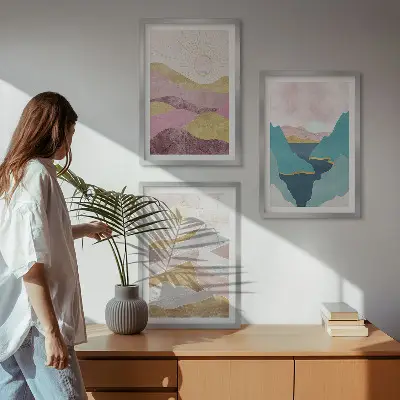 Abstraktus paveikslų rinkinys „Kalnų saulė“ su rėmais, 3 dalių