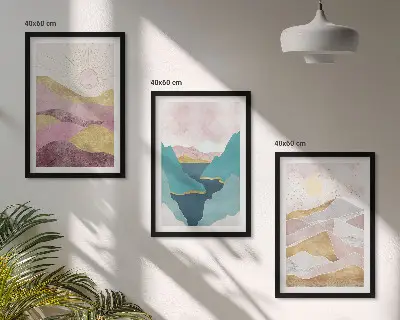 Abstraktus paveikslų rinkinys „Kalnų saulė“ su rėmais, 3 dalių