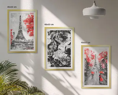 Įrėmintas triptikas pilki Eifelio bokšto paveikslai